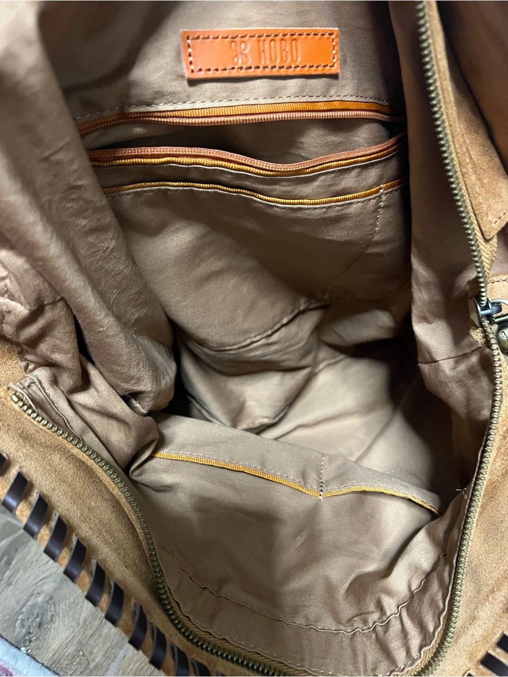 HOBO Harley Suede Bag in Oak Barrel Brown Hand  Stitched Whipstitch w hidepocket - Picture 14 of 16